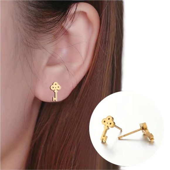 Stainless Steel Mini Black Key Stud Earrings - Picture 2 of 4